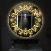 Beautiful Leaf Patten Art Led Rounded Shape Bathroom Wall Mirror
